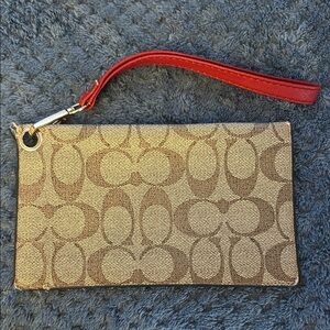 Coach Beige/Brown Signature Canvas Wristlet with Red Strap
